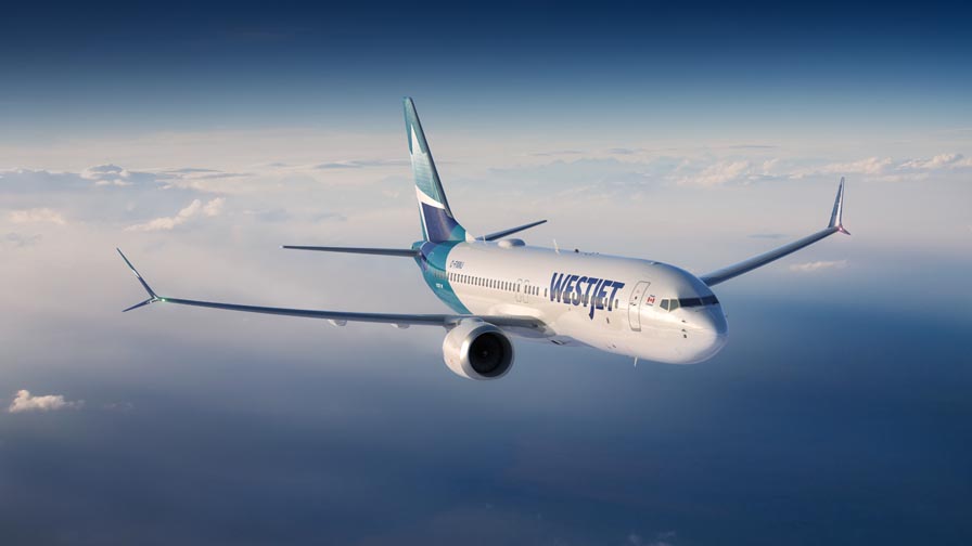A westjet aircraft over a sky of blue and white clouds