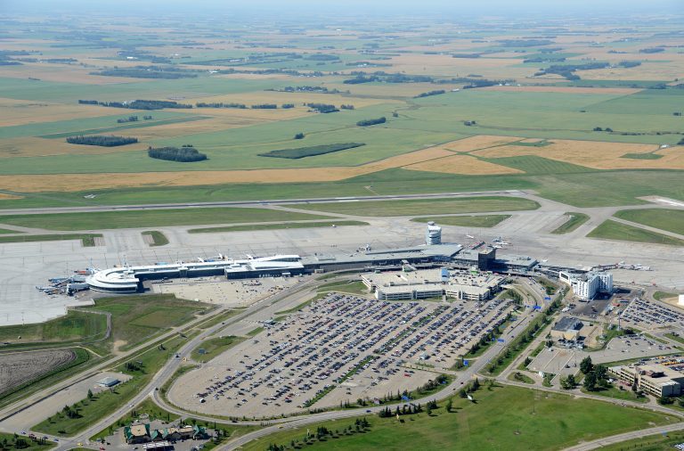 Airport Terminal and Runway Birds Eye View Facing South