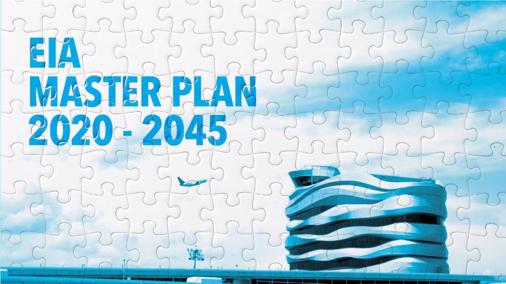 A sky blue and white colored photo of our airport tower with a tiny airplane in the centre lifting off with big words above in blue that reads EIA MASTER PLAN 2020 - 2045