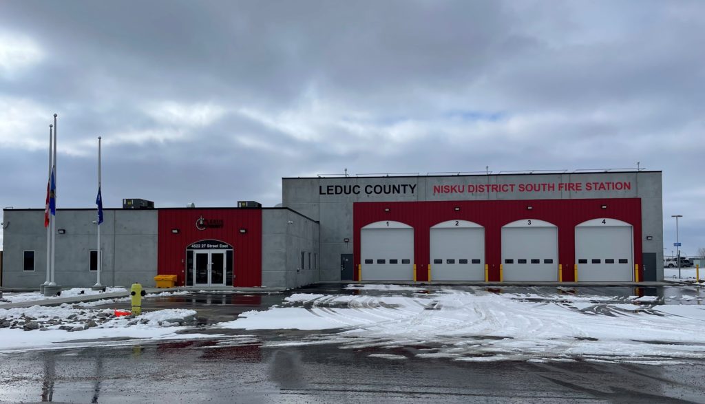 A photo of Leduc County's Nisku District South Fire Station building taken with a wide shot.