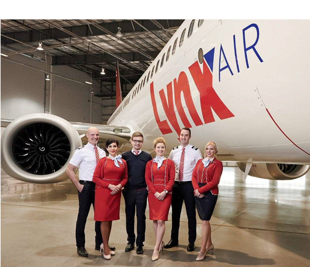 A photo of six Lynx Airline employees standing in front of the Lynx Air plane