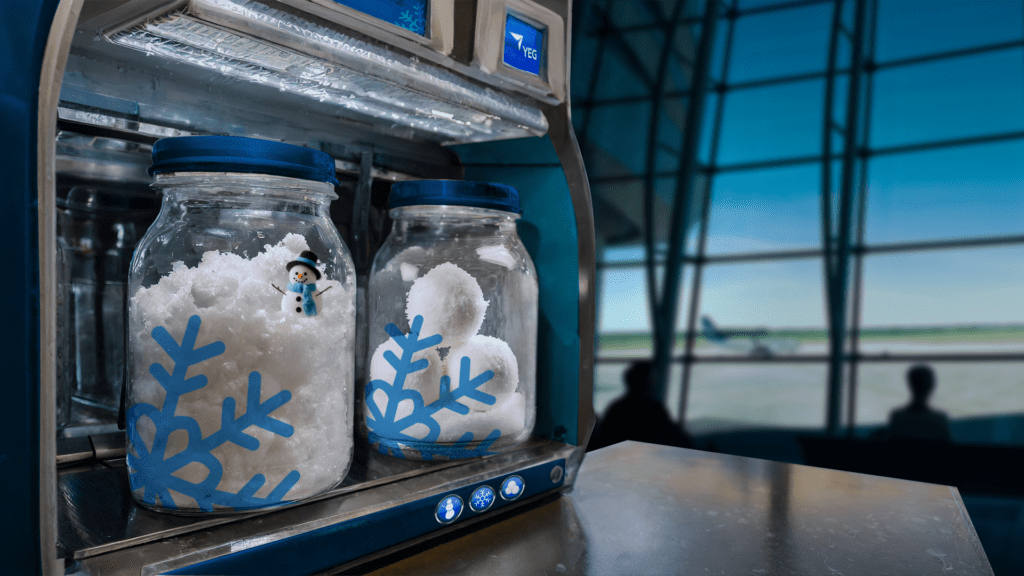 Photo of two jars of snow in a machine. / Photo de deux bocaux qui contiennent de la neige, dans un distributeur automatique.