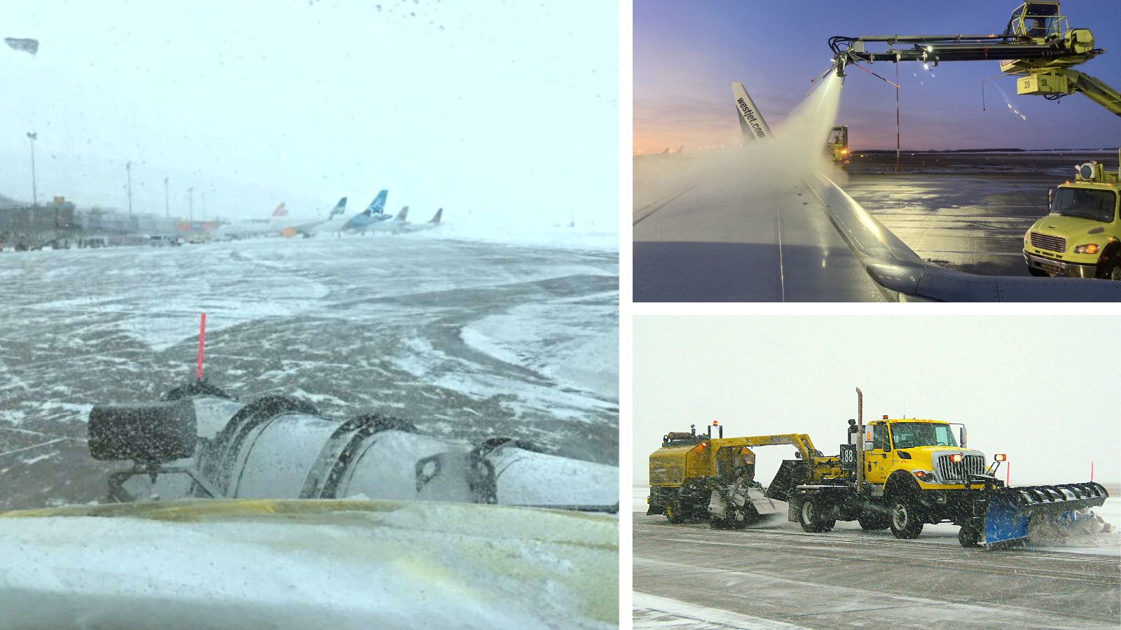 Photo of YEG operational team at work de-icing planes and clearing the runway in the winter.