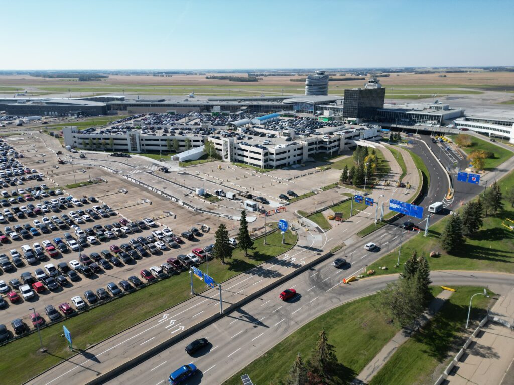 An aerial view of YEG parking