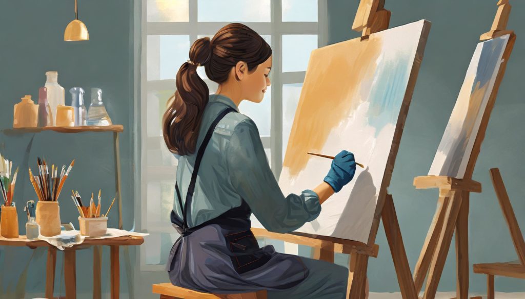 An illustration of a female artist sitting in front of a canvas.