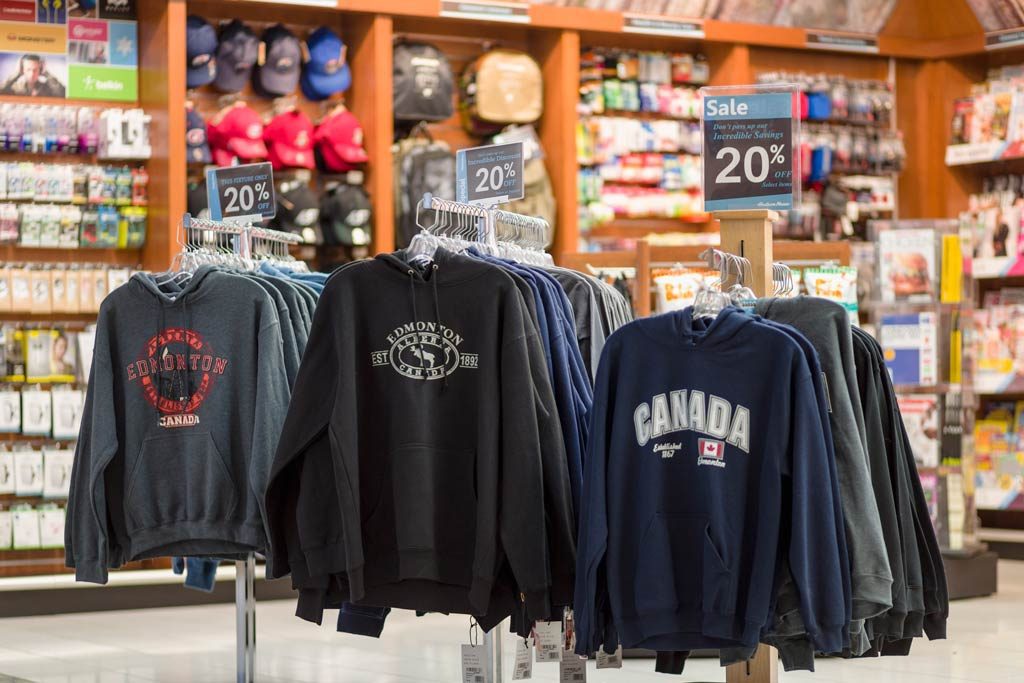 Photo of various sweaters and souvenirs sold at Hudson News