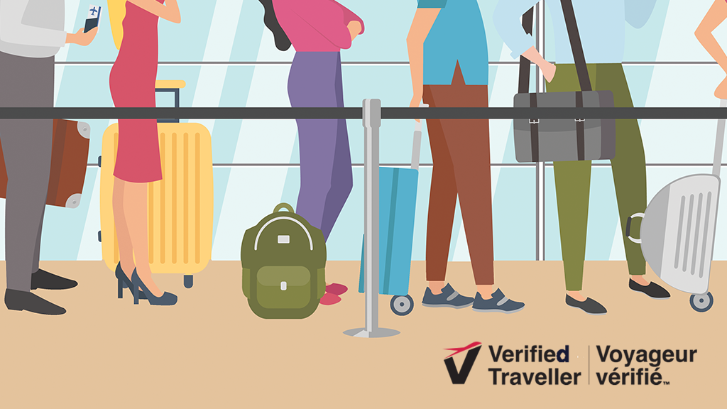 animated people stanind in line. Logo of Verified Traveller program.