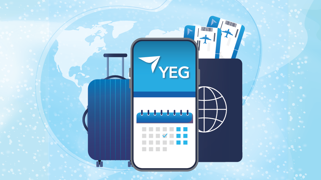 Vector graphic of a cellphone with the word YEG on it, a blue suitcase to the left and a passport with boarding pass to the right