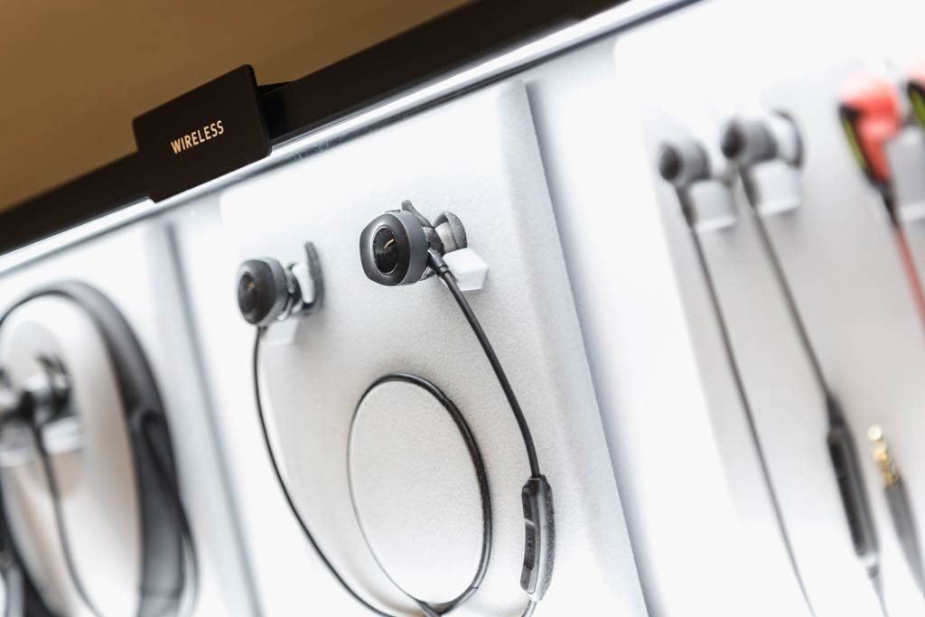 Photograph of wireless headphones sold at iStore